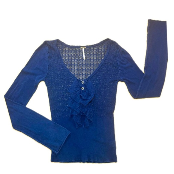 Free People Ruffle Knit Top Royal Blue With Buttons XS - Picture 1 of 7